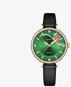 Green Dial Black Strap Leather Watch