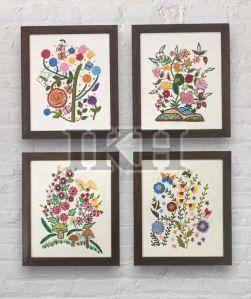 Set of 2/4 mid century bouquet of wildflowers framed wall hangings