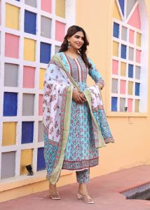 Ladies Blue Printed A-line Kurta and Pant Set