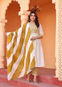 Ladies Mustard and White Printed A-Line Kurta and Pant Set