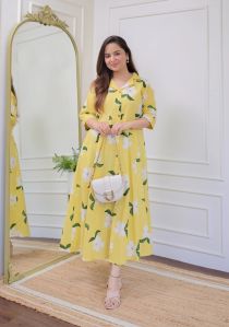 Ladies Yellow Printed Western Dress