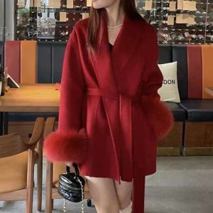 Ladies Red Faux Fur Belt Coat