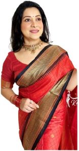 Kadiyal Gridlines Red and Black Paithani Silk Saree