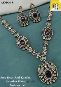 Purple Victoria Plated Pure Brass Real Kundan Necklace Set