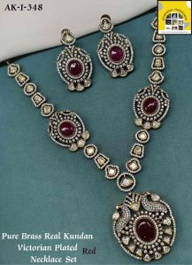 Red Victoria Plated Pure Brass Real Kundan Necklace Set