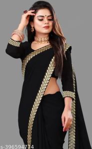 ladies black golden georgette saree