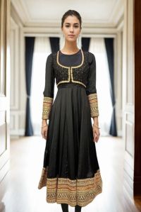 Silk Black Plain Anarkali with Golden Zari Border for Rental