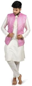 White Kurta with Pink Tucks and Bubble Gum Pink Nehru Jacket for Rental