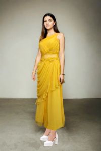 Yellow Gown with Georgette Pleated Front for Rental