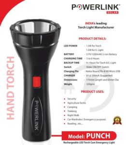 powerlink punch rechargeable led torch powered by 1200 mah li-ion battery