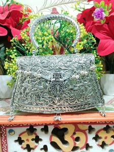 women antique handmade silver handle metal clutch