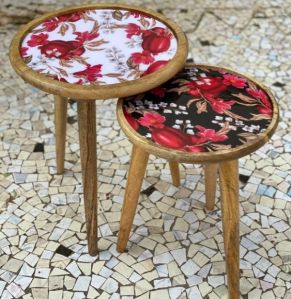 wooden Floral Hand Crafted Side Table Set