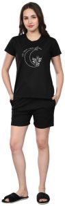 BLUELINK Black Casual Printed T-shirt And Shorts For Women