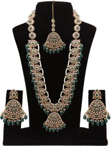 Traditional Mehndi plated Reverse AD Pearl Studded Long Necklaces Set