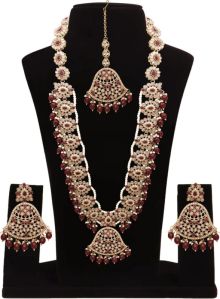 Traditional Mehndi plated Reverse AD Pearl Studded Long Necklaces Set.