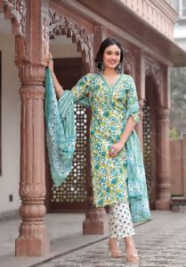 Coral White Cotton Dark Aqua Suit Set