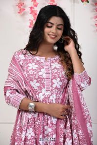 Muted Pink and Noble White Cotton Flared Anarkali Suit Set