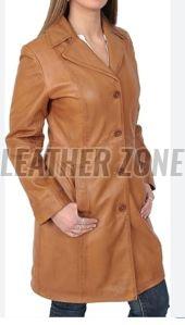 Ladies Tan Brown Leather Long Coat