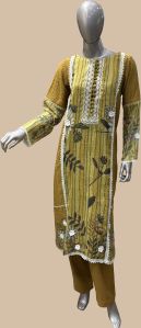 Ladies Mustard Printed Kurti Set