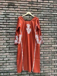 Kashida Embroidery Muslin Rust Kurta