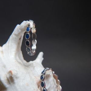 Silver Hoop Earrings with Sapphire Blue Stones