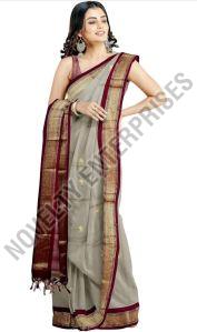 Grey & Maroon Cotton Silk Saree