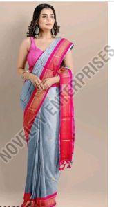 Grey & Pink Cotton Silk Saree