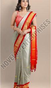 Grey & Red Cotton Silk Saree