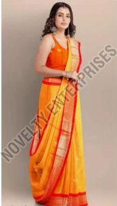 Orange & Red Cotton Silk Saree