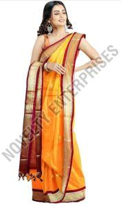 Yellow & Maroon Cotton Silk Saree