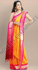 Yellow & Pink Cotton Silk Saree