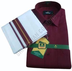 Mens Maroon Cotton Shirt Dhoti Set