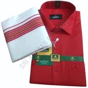 Mens Red Cotton Shirt Dhoti Set