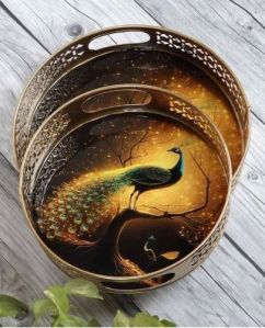 Iron Peacock Print Pichwai Gold Painted Tray Set