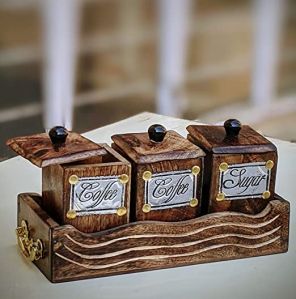 wooden tea coffee sugar containers