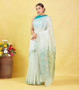 White Handloom Tussar Silk Saree With Chevron Motifs