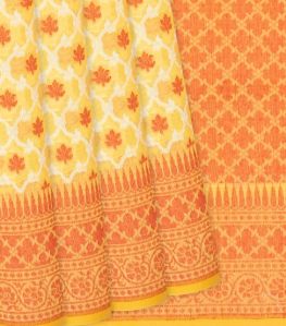 Yellow Handloom Banarasi Cotton Saree With Floral Jaal Motifs