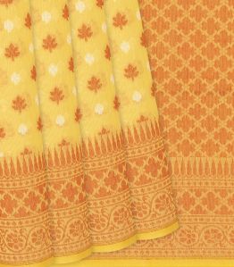 Yellow Handloom Banarasi Cotton Saree With Floral Motifs