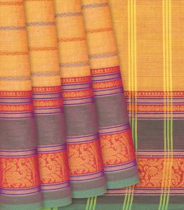 Yellow Handloom Chettinad Cotton Saree With Stripes