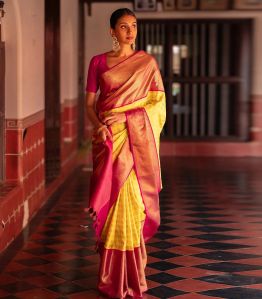 Yellow Handloom Kanchipuram Korvai Silk Saree With Annam Chakaram Motifs