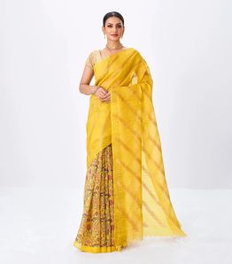 Yellow Handloom Tussar Silk Saree Is Partly Printed With Floral Motifs