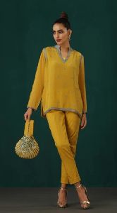 Woman Yellow Kurti Trouser Set