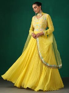 Yellow Sequin Work Woman Anarkali