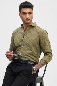 OLIVE SELF-DESIGN Mens SLIM FIT SHIRT