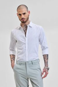 WHITE SELF-DESIGN Mens Slim Fit Shirts