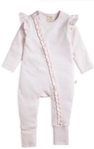 Soft Pink Stripes Style Long Sleeve Baby Unisex Diagonal Frill Zipsuit