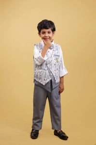 Printed Grey WaistCoat For Boys