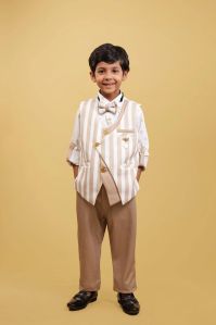 White Strips WaistCoat Set For Boys