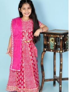 Girl Pink Printed Cotton Lehenga Choli Set