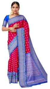 KSR Handlooms Red and Rich Blue Pallu Muga Gadwal Cotton Saree